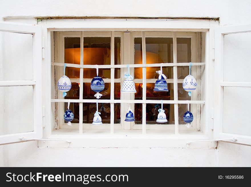 Beautiful bluebells on a white window. Prague, Czech Republic