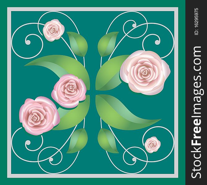 Element of a flower ornament on a green background, in a square, roses. Element of a flower ornament on a green background, in a square, roses