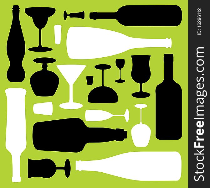 A pattern of various bottles and glasses. A pattern of various bottles and glasses