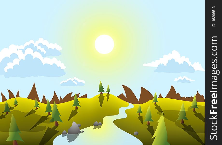 Sunny landscape of forest, mountains, streams. Vector