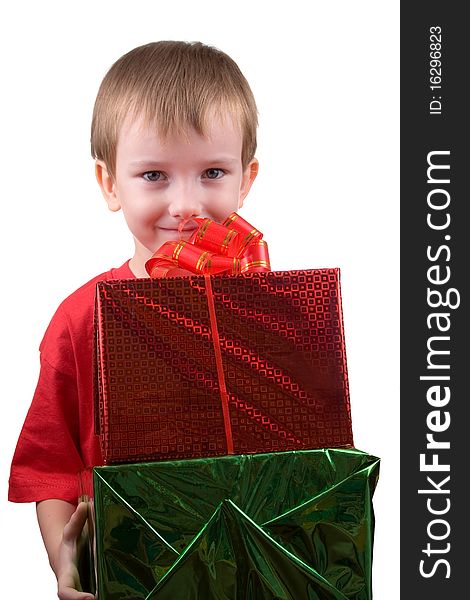 Happy boy with presents isolated on white background