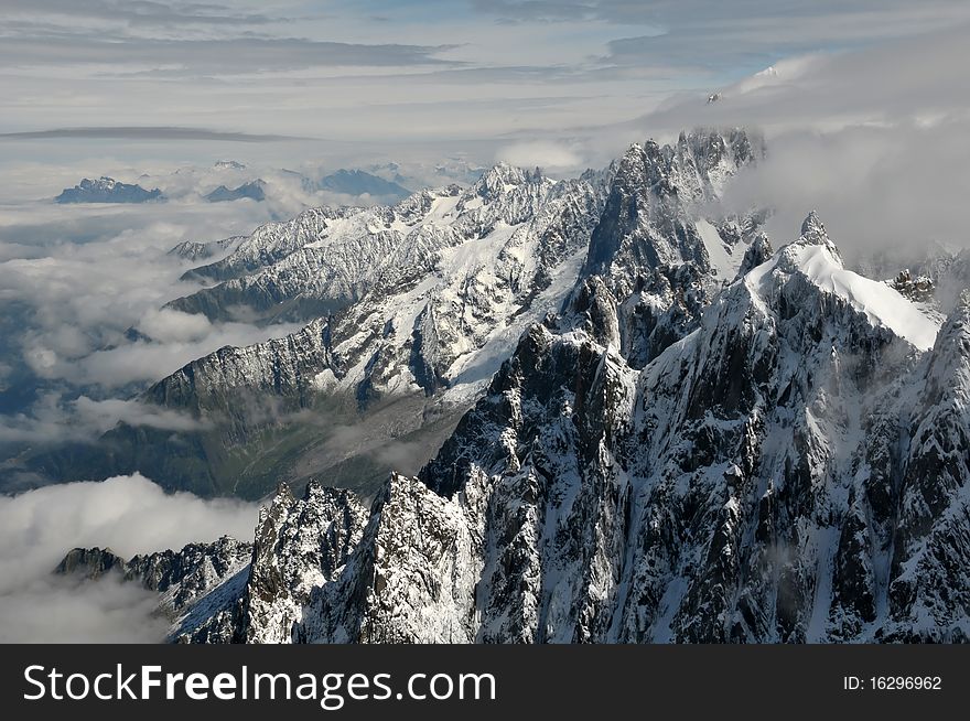 Panoramic view of high Alps covered by snow in France