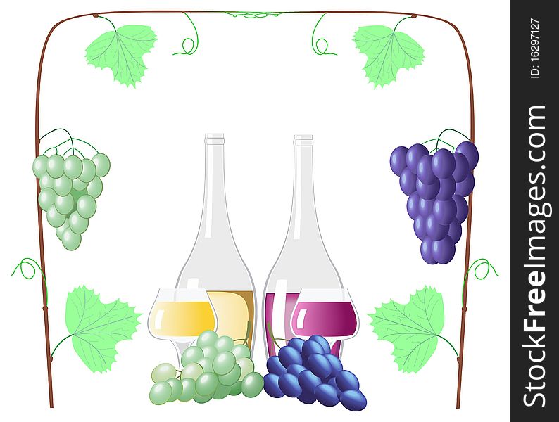 Bottles and a glasses of wine and grapes are shown in the picture. Bottles and a glasses of wine and grapes are shown in the picture.