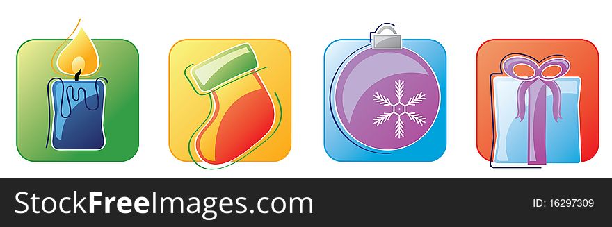 Four squares each with an icon that represents the holiday season, a candle, stocking, christmas bulb, and a present. Four squares each with an icon that represents the holiday season, a candle, stocking, christmas bulb, and a present