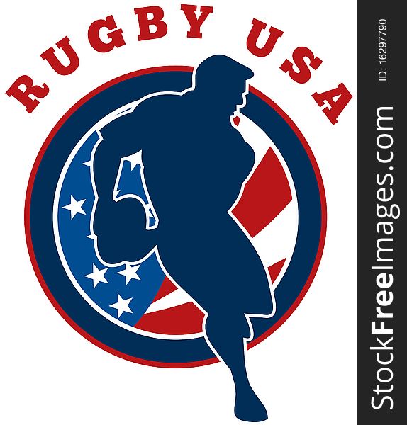 Illustration of a rugby player running passing ball with flag of united states of america in background. Illustration of a rugby player running passing ball with flag of united states of america in background