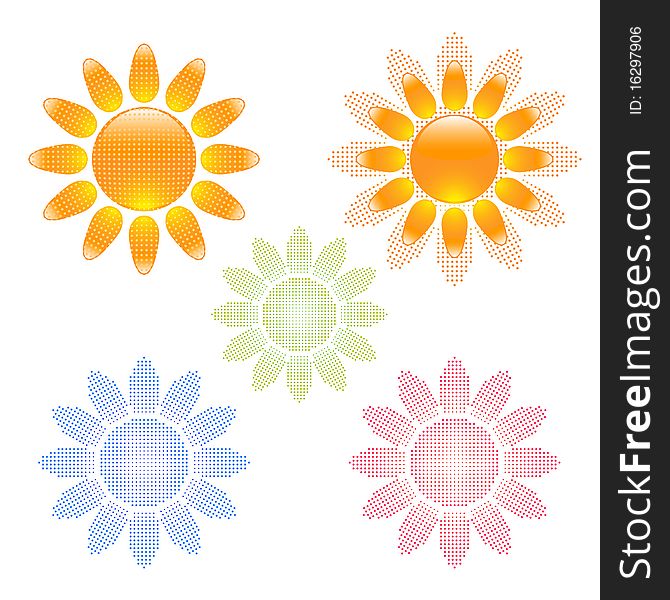Glossy sun icons set with halftone sun shapes