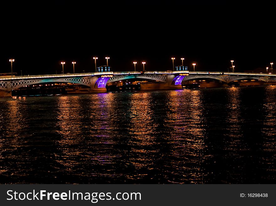 Night bringe in St. Petersburg city with violet illumination. Night bringe in St. Petersburg city with violet illumination