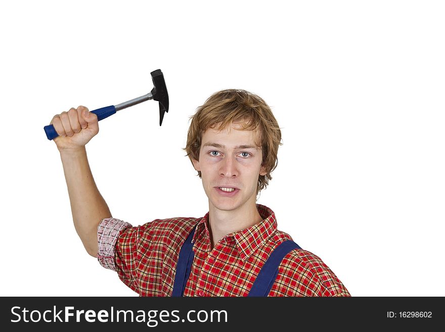 Young handcrafter with hammer isolated on white background. Young handcrafter with hammer isolated on white background