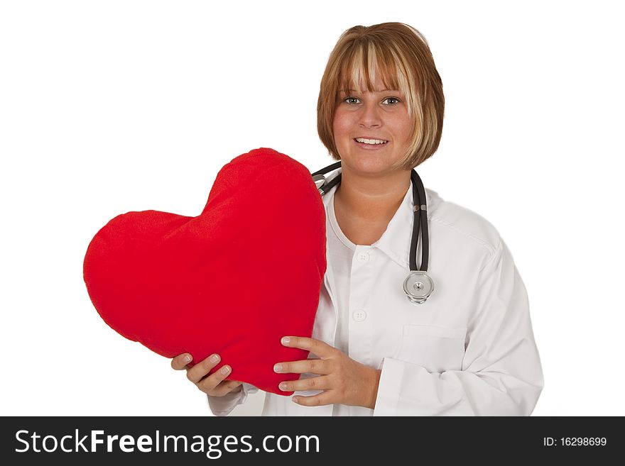 Heart in hand, doctor with stethoscope isolated on whitebackground. Heart in hand, doctor with stethoscope isolated on whitebackground