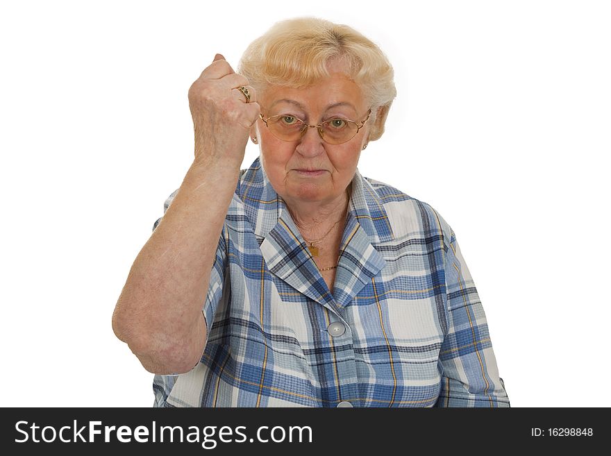 Female senior showing fist - isolated on white background