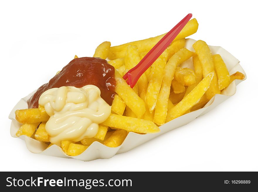 French fries on a paper plate on bright  background