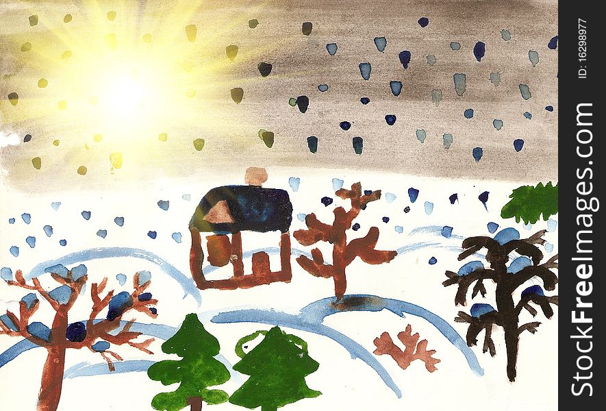 Children's drawing of winter.Drawing is executed by gouache.