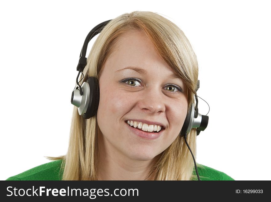 Young woman with headset on isolated white background. Young woman with headset on isolated white background.