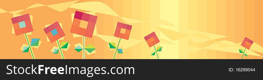 Horizontal abstract orange background with decorative red flowers. Horizontal abstract orange background with decorative red flowers