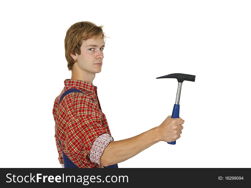 Young handcrafter with hammer isolated on white background. Young handcrafter with hammer isolated on white background