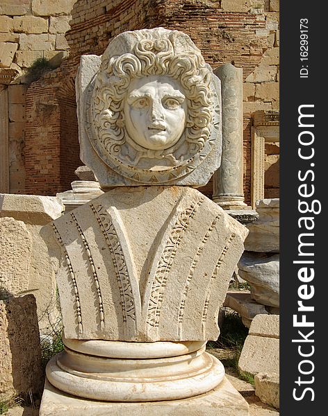 Stone medallion in Leptis Magna, in Libya