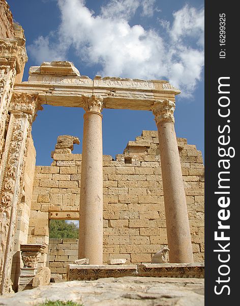 Columns in the roman ruins of Leptis Magna in Libya, in Africa. Columns in the roman ruins of Leptis Magna in Libya, in Africa