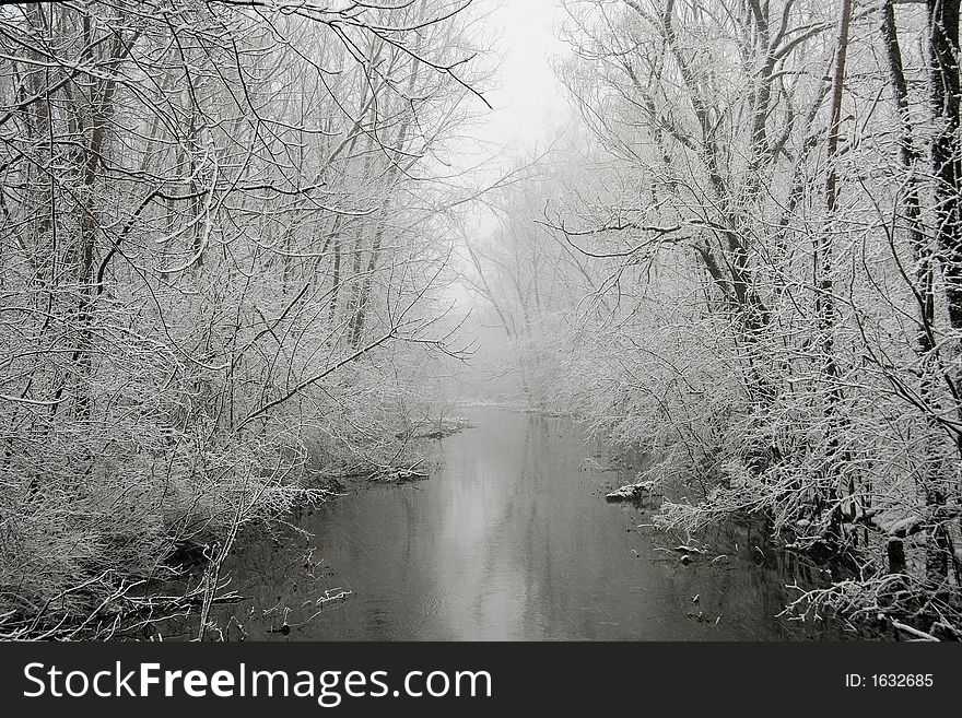 A forest and river photographed during a snow storm. A forest and river photographed during a snow storm.
