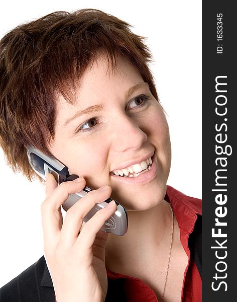Woman on a business call with a smiling face. Woman on a business call with a smiling face