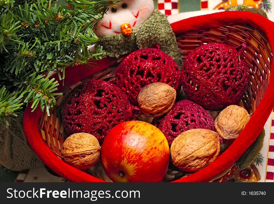 Snowmen with basket of christmas presents. Snowmen with basket of christmas presents