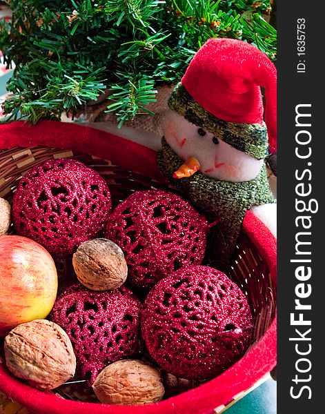 Snowmen with basket of christmas presents. Snowmen with basket of christmas presents