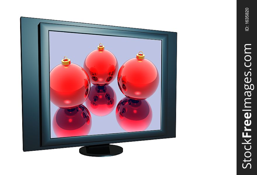 LCD monitor with Xmas balls isolated on white background.3D - illustration. LCD monitor with Xmas balls isolated on white background.3D - illustration.