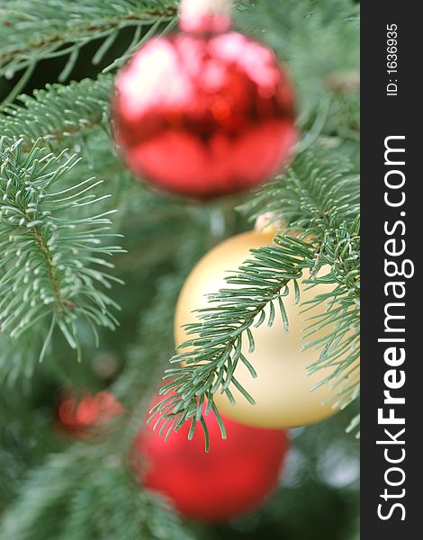 Closeup of christmas balls on a christmas tree - focus on the needles of the pine in the foreground