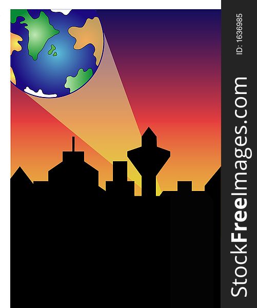 City skyline in front of a gradient background, a spolight searching for a new earth. This file is also available as Illustrator-file. City skyline in front of a gradient background, a spolight searching for a new earth. This file is also available as Illustrator-file