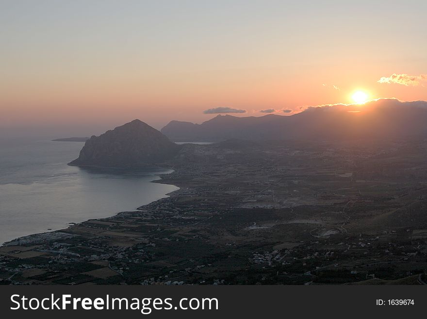Sunrise in the Italy, Sicily. View from the top of the Eriche mountain.