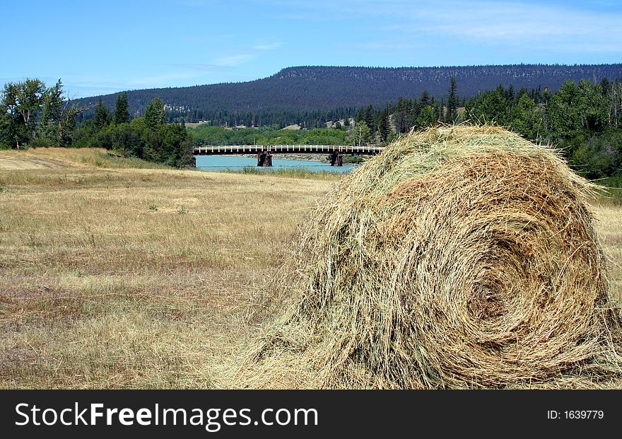 A hay field with a river and bridge background. A hay field with a river and bridge background