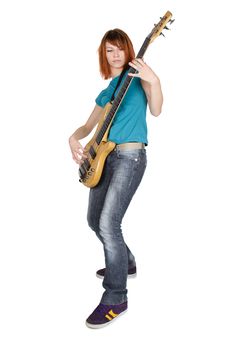 Girl Playing Bass Guitar ,full Body, Isolated Royalty Free Stock Images