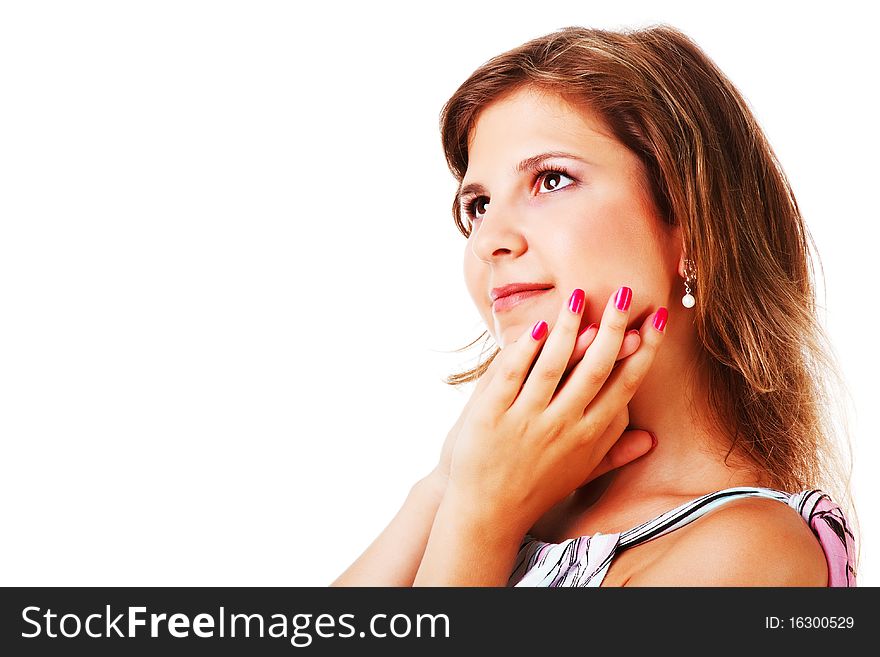 Portrait of a adorable young girl in dress on white background