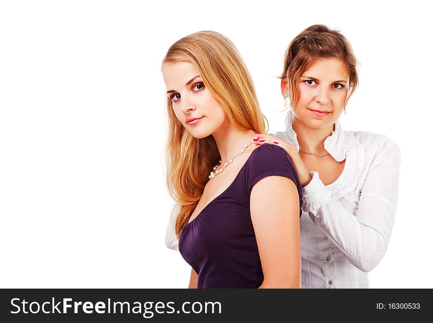 Picture of a two beautiful young girl on white background