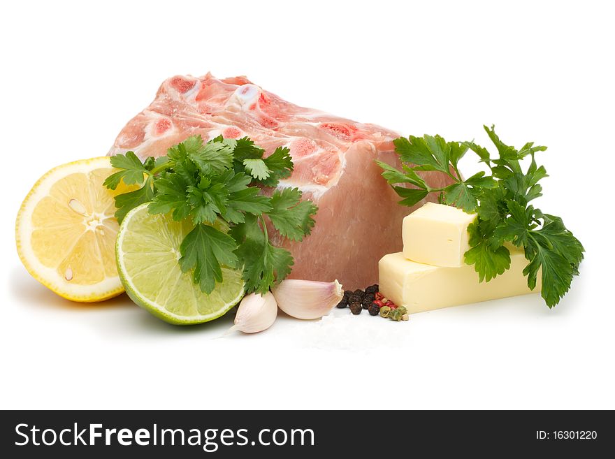 Shows a set of cooking pork chops, marinated in lime and lemon. Isolated on a white background. Shows a set of cooking pork chops, marinated in lime and lemon. Isolated on a white background.