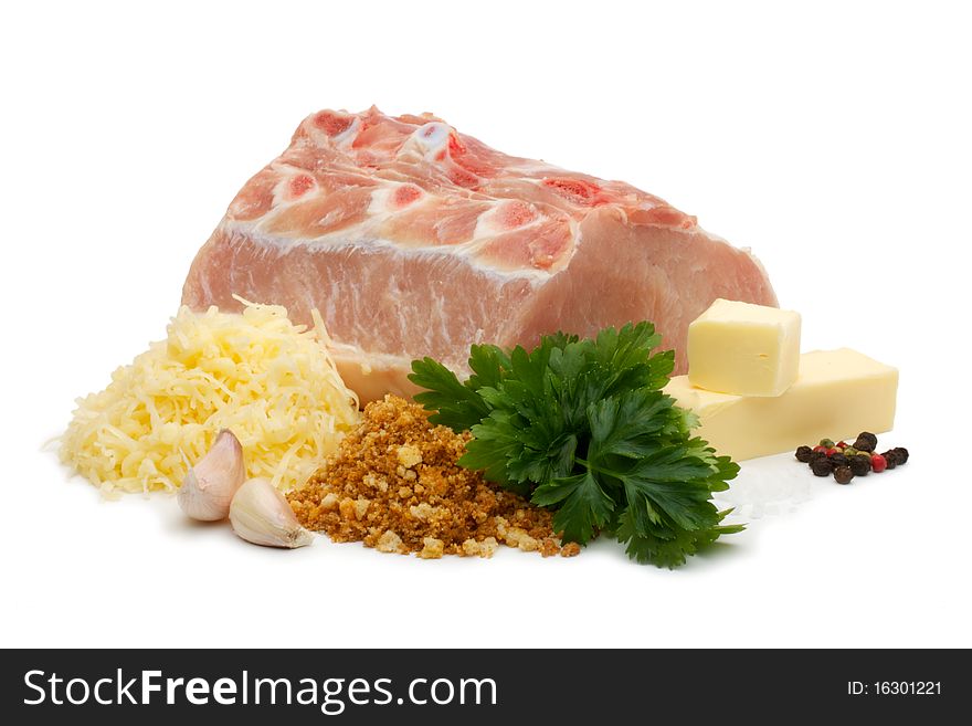 Shows a set of products for cooking pork chops in breadcrumbs with grated cheese and garlic butter. Isolated on a white background. Shows a set of products for cooking pork chops in breadcrumbs with grated cheese and garlic butter. Isolated on a white background.