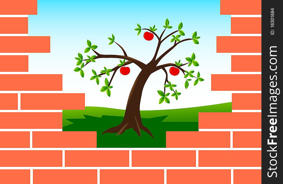 Brick wall with apple-tree