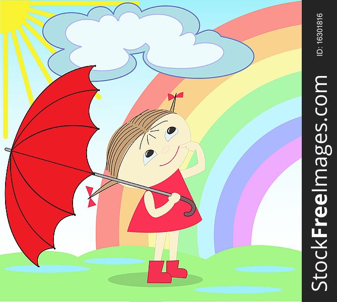 Girl with red umbrella stands after a rain under the rainbow. Girl with red umbrella stands after a rain under the rainbow