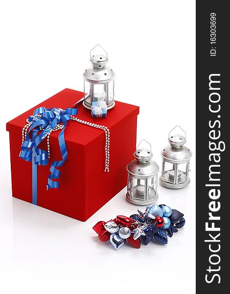 Red present box with blue ribbo