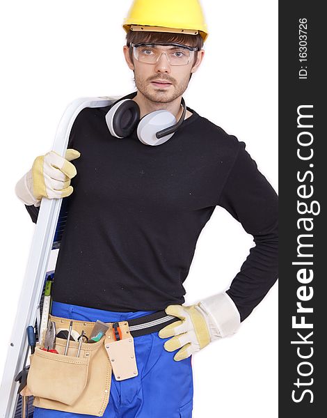 Construction worker with ladder isolated on white background