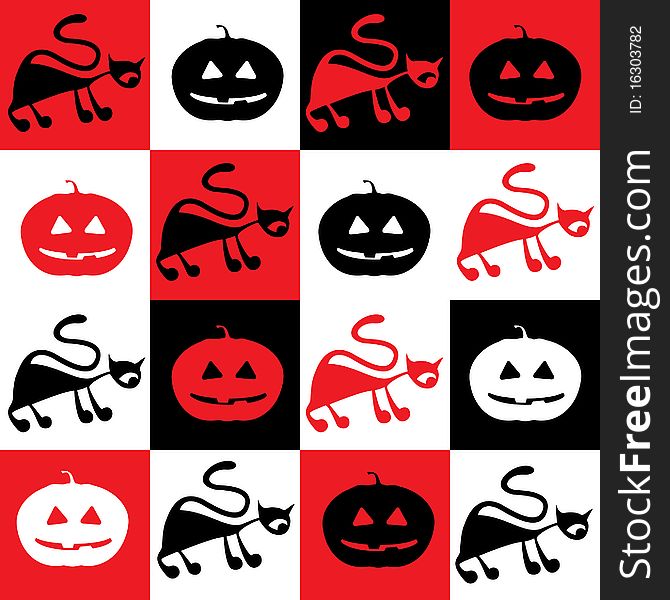 Halloween pattern with black cats and pumpkins