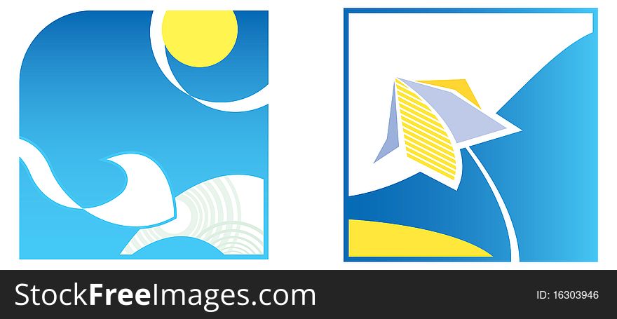 Two icons: a summer sea landscape (blue and yellow color scale). Two icons: a summer sea landscape (blue and yellow color scale)
