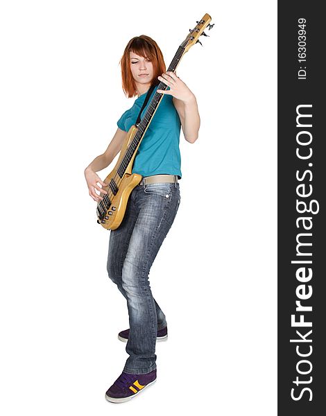 Young beauty redhead girl playing bass guitar and smiling, full body, isolated. Young beauty redhead girl playing bass guitar and smiling, full body, isolated