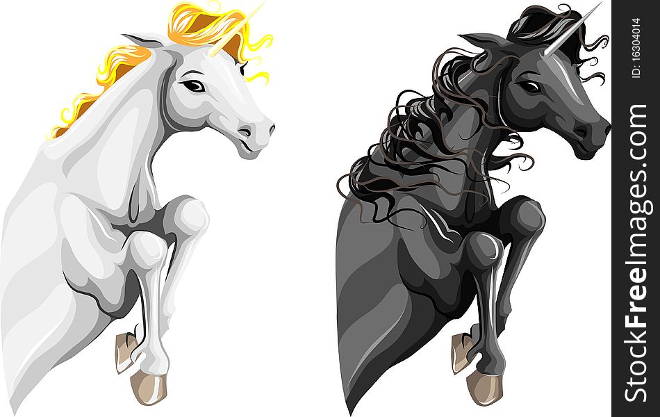 Vector illustration of two unicorns: white and black. Vector illustration of two unicorns: white and black