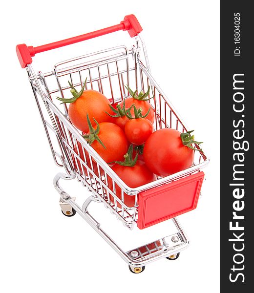 A Shopping cart full of tomatoes on a white background
