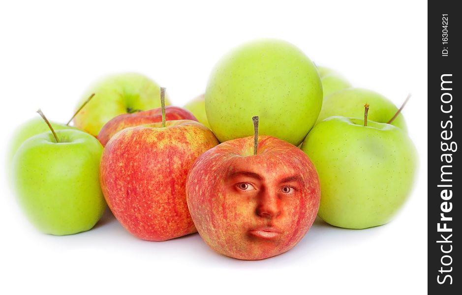 Few red and green apples on white background and one red apple with human face