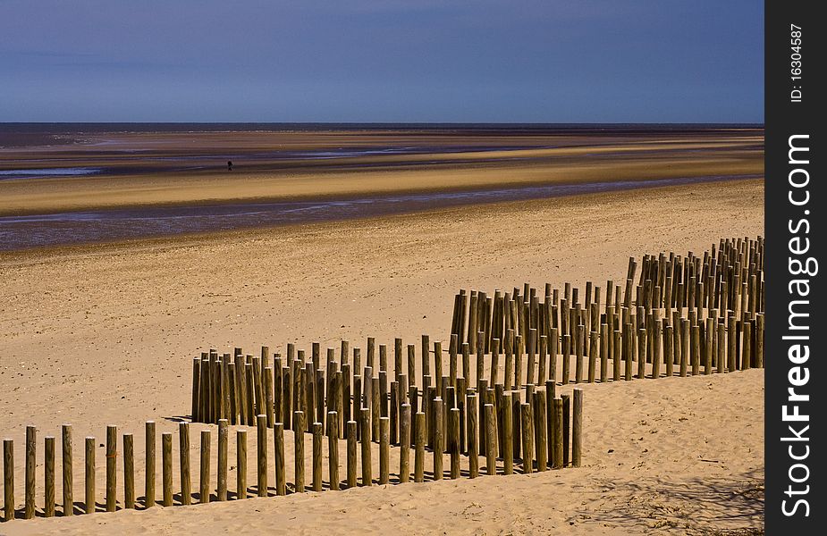 Wooden posts acting as breakwaters on a huge expanse of sandy beach. Wooden posts acting as breakwaters on a huge expanse of sandy beach