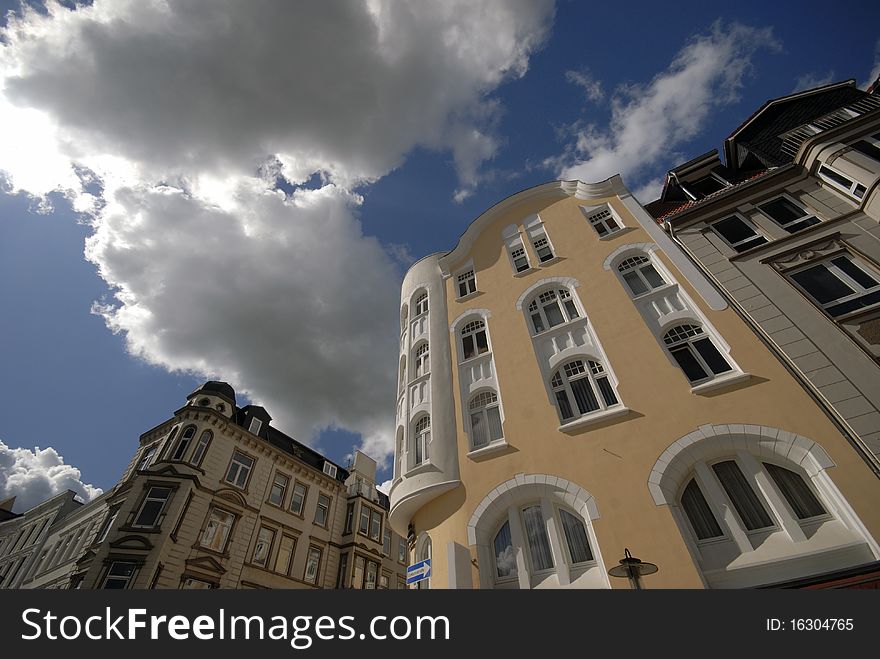 German city buildings in Flensborg. Outdoors view from below. German city buildings in Flensborg. Outdoors view from below.