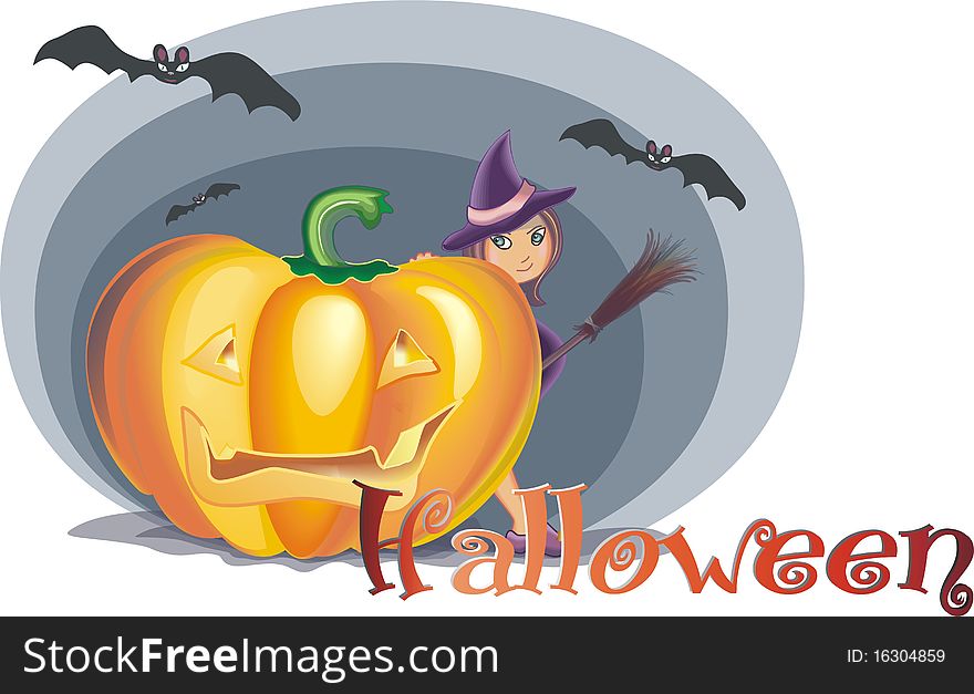 Halloween, a witch with a broom, a pumpkin and bats