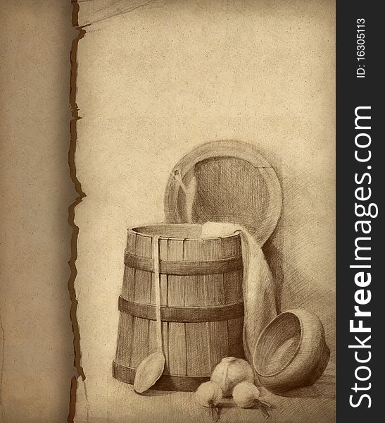 Pencil drawing of wood bucket