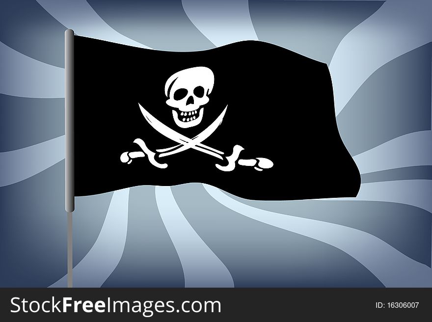 Illustration of pirate flag with white skull over black blue background